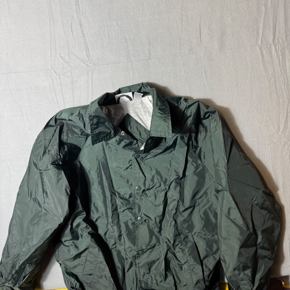 Vtg AthleTech Men Coaches Jacket Forest Green Nylon Windbreaker Snap Front Small